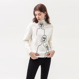 New Fashion Embroidery Pattern Head Lazy White Turtleneck Sweater