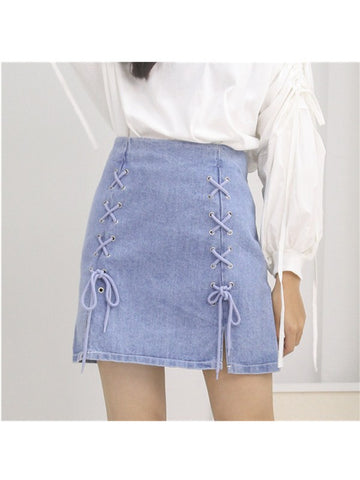 Lace-up Sides High-Waist Denim Skirt