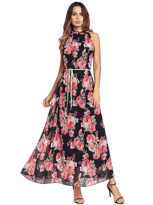 Women Sex Halter Floral Maxi Dress FIREVOGUE Women Sex Halter Floral Maxi Dress FIREVOGUE
