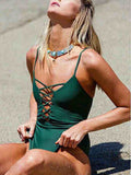 Solid Color Sexy Lace up Low Cut One-piece Swimsuit - WealFeel