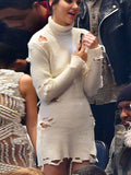 White Turtle Neck Cutout Sweater Dress - FIREVOGUE