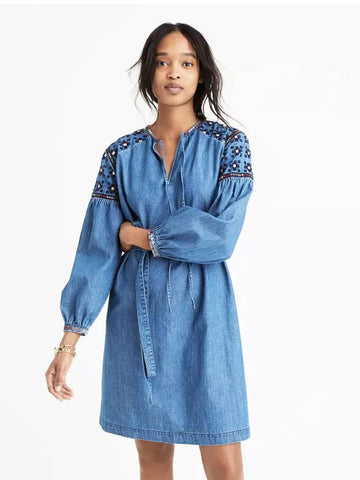 Denim Embroidered Lace-up Dress - FIREVOGUE