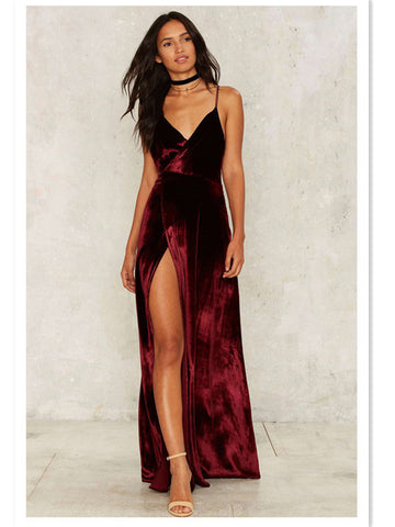 Wine Red Velvet Open Back Slit Plunging Dress - FIREVOGUE