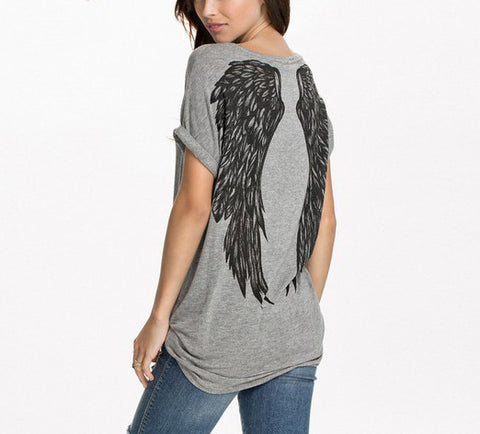 Gray Relaxed T-shirt with Wings Print Back - FIREVOGUE