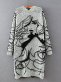 Longline Oversize Knit Cardigan with Back Girl Pattern - FIREVOGUE