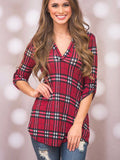 Red Plaid V Neck Blouse - FIREVOGUE