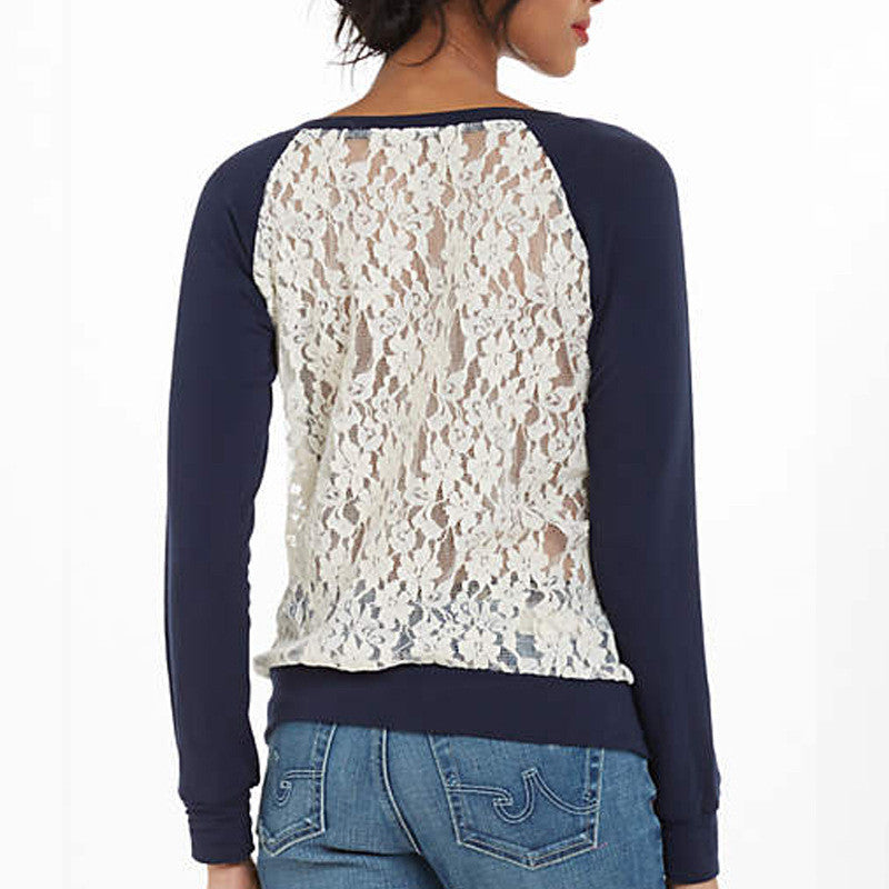 Back Lace Stitching Solid Sweater Coat Female Long-sleeved O-neck T-shirt - FIREVOGUE