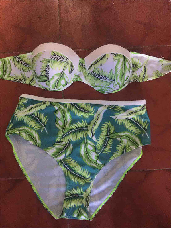 Leaf Printed Strapless Bikini Sets - WealFeel