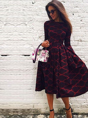 Long Sleeves Skater Dress in Diamond Print - FIREVOGUE