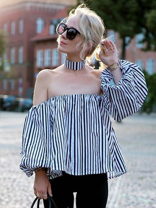Striped Off-the-shoulder Top With Neckband - WealFeel