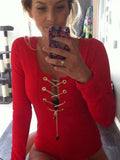 Metal Lace-up Long Sleeve Ribbed Bodysuit - FIREVOGUE