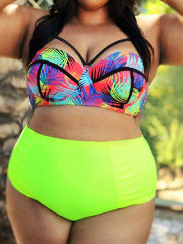 Plus Size Bight Color Printed Bikini Sets - FIREVOGUE