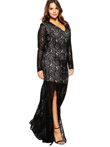 Plus Size Lace Long Evening Dress - FIREVOGUE