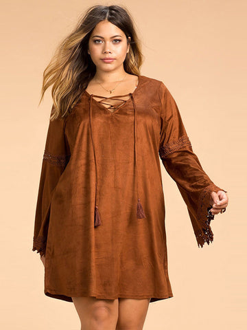 Plus Size Lace-Up Loose Dress - FIREVOGUE