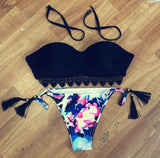 Lace Me Up Black Printed Bikini Sets - FIREVOGUE