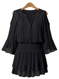 V-neck Elbow sleeve Waist Loose Chiffon Dress - WealFeel