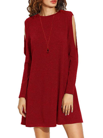 Pure Color Hollow Sleeves Basic Dress - FIREVOGUE