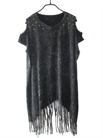 Black Grey Sleeveless Tassel Dress - WealFeel