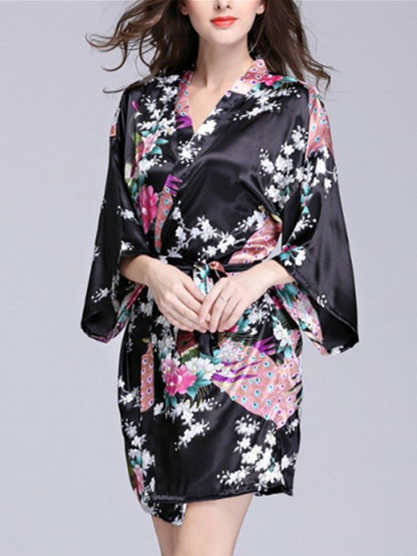 Women's Medium Sleeve Peacock Printed Kimono Robe
