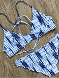 Blue Stripe Printed Cross Back Bikini Sets - WealFeel