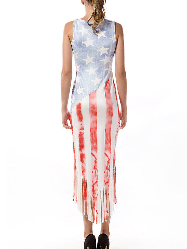 Sexy American Flag Printed Tassel Dress  FIREVOGUE