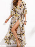 Exotic Floral Printed V Neck Split Maxi Dress - WealFeel