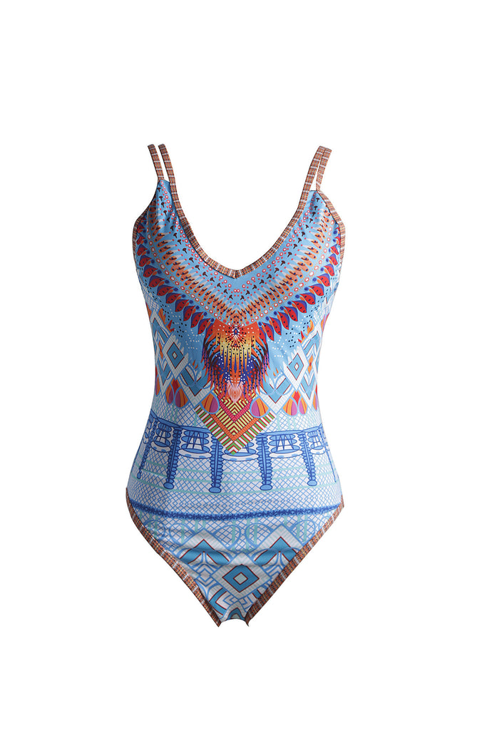 Blue Printed Halter One-piece Swimsuit - FIREVOGUE