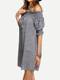 Check You Later Off-the-shoulder Plaid Dress