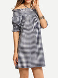 Check You Later Off-the-shoulder Plaid Dress