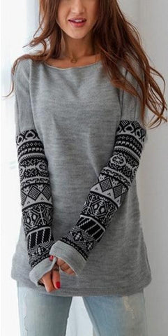Round Neck Patterned Sleeves Top - FIREVOGUE