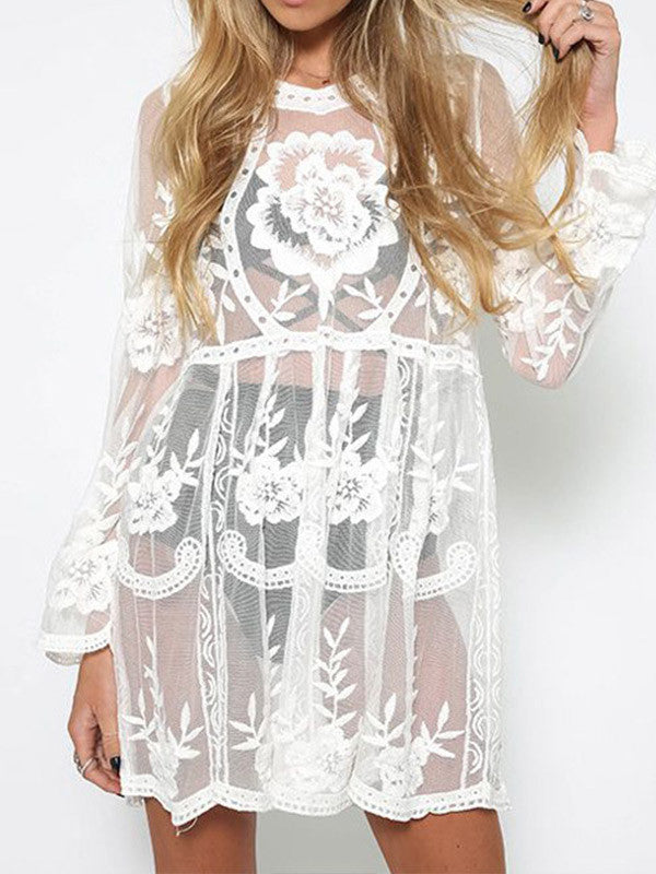 Lace Long Sleeves See Through Mini Dress