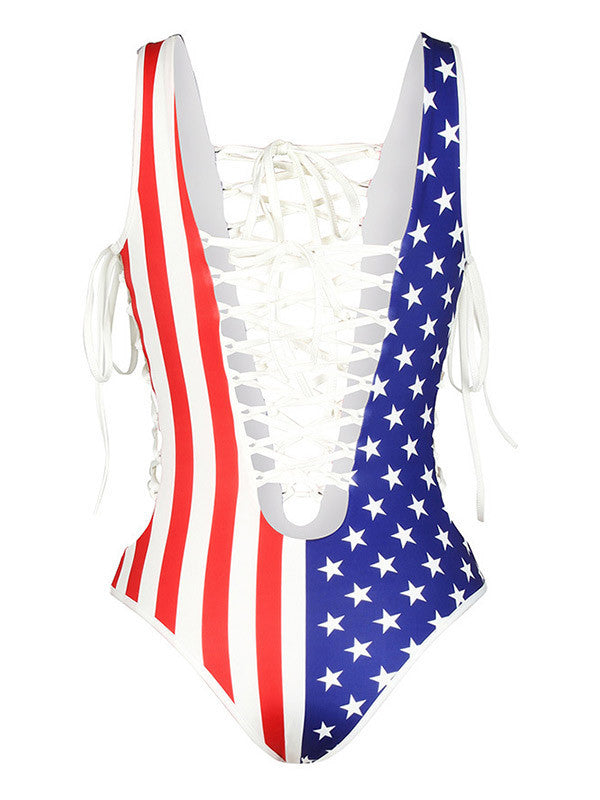 Small US Flag Patriotic One Piece Swimsuit Shelf Bra Cross Strappy