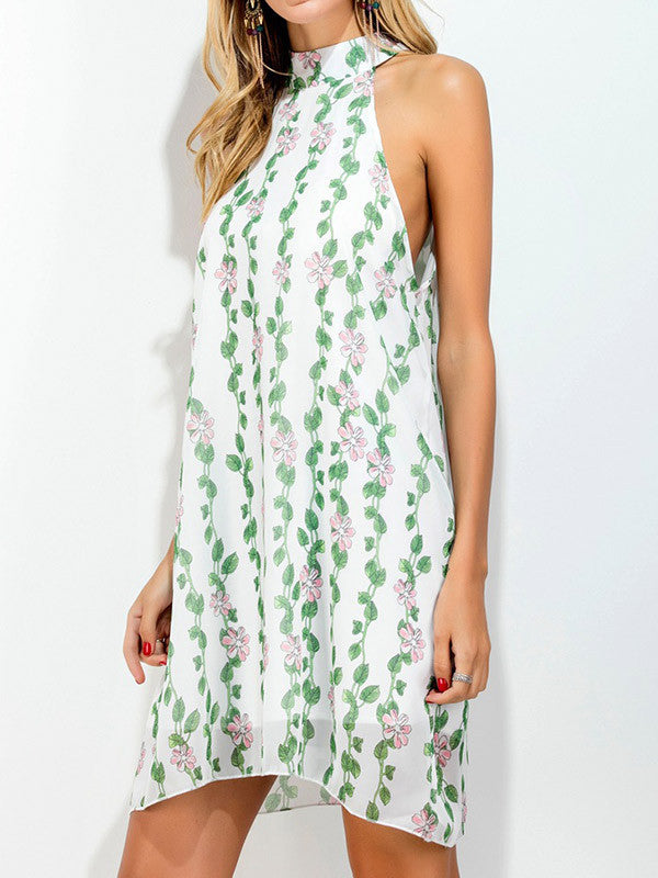 Green Sleeveless Halter Floral-print Mini Dress - WealFeel