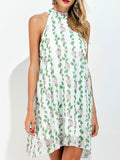 Green Sleeveless Halter Floral-print Mini Dress - WealFeel