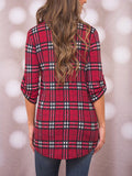 Red Plaid V Neck Blouse - FIREVOGUE