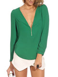 Zip Front and V Neck Chiffon Top - FIREVOGUE