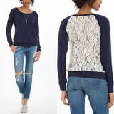 Back Lace Stitching Solid Sweater Coat Female Long-sleeved O-neck T-shirt - FIREVOGUE