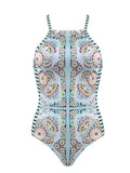Will You Love My Geometric Printed Lace up Back One-piece Swimsuit - FIREVOGUE