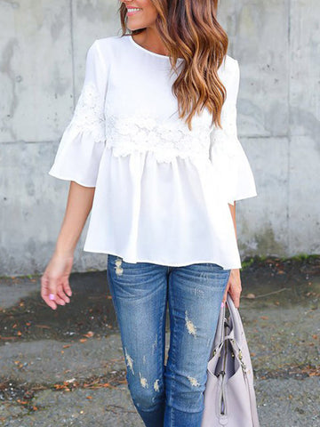 Stitching Lace Ruffle Sleeve Top - WealFeel