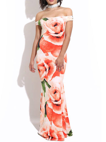 Rose Printed Off Shoulder Maxi Dress