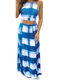 Women Stripe Crop Top Slit Maxi Dress 2 Pieces