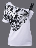 Women's Butterfly Print One Shoulder Casual Tops
