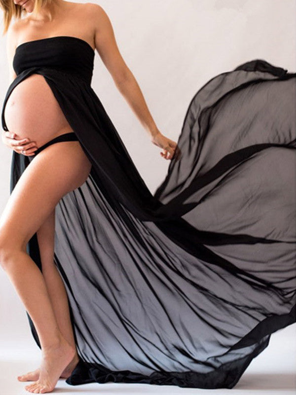 Off Shoulder Slit Front Long Dress For Pregnant Women