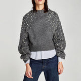 Women Fashion Pearl Long-sleeved Sweater