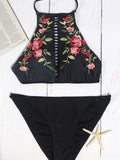 Black Embroidery Cut Out High Neck Halter Bikini Sets
