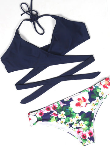 Cross Top Floral Printing Bottom Bikini Sets