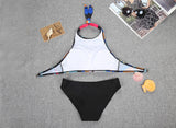 Colorful Crop Bikini Top and Black Bottom Two Piece Suit - FIREVOGUE