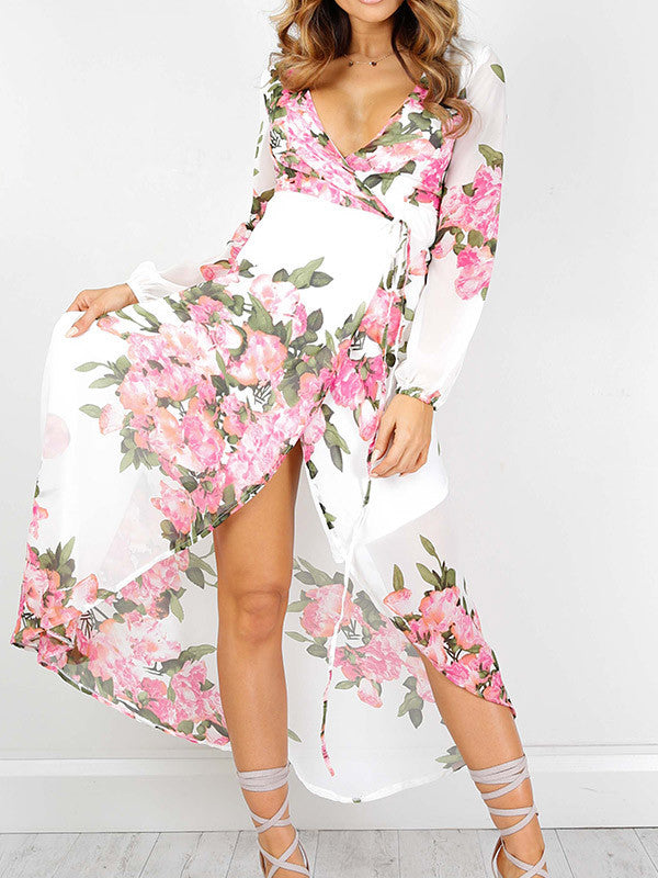 Sexy V Neck Long Sleeve Chiffon Floral Split Maxi Beach Dress - WealFeel