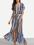 Women Stripe Front Slit Maxi Dress