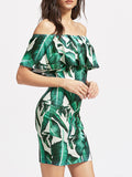 Women Off Shoulder Leaf Print Ruffles Mini Dress - WealFeel
